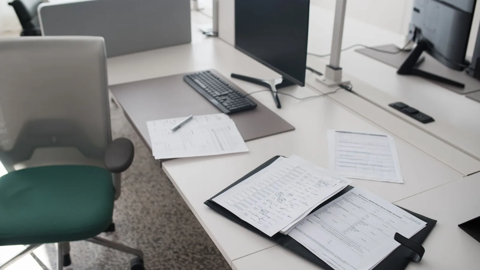 An empty office desk with a keyboard, a monitor and printed forms in an open folder, beside a green office chair